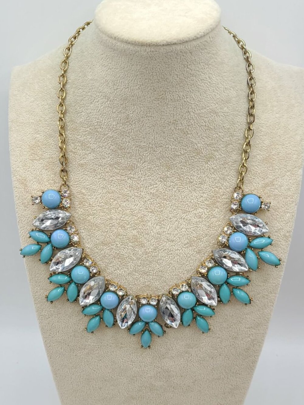J Crew Blue Resin Clear Crystal Statement Silver Tone Necklace